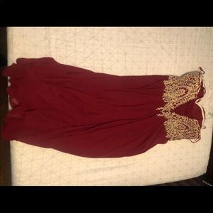 Strapless red and gold prom dress